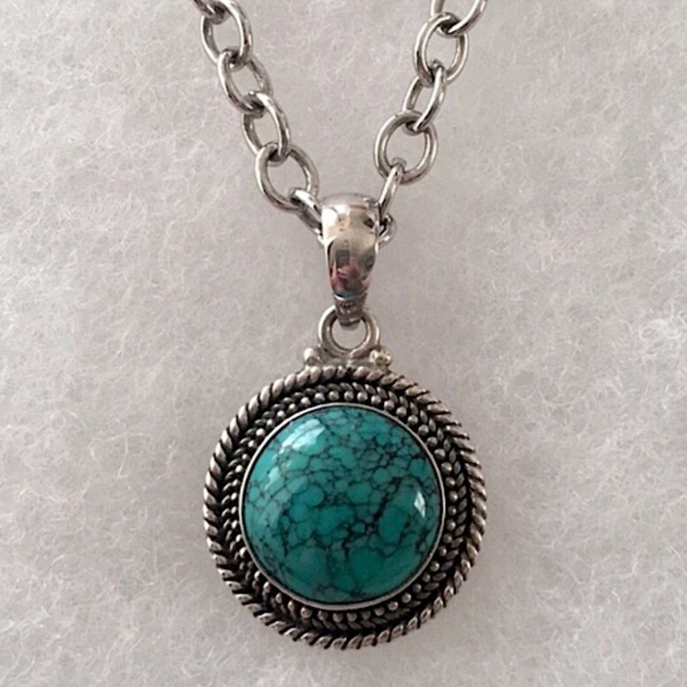 BARSE Turquoise Sterling Silver Link Necklace With Rope Accent Around Pendant